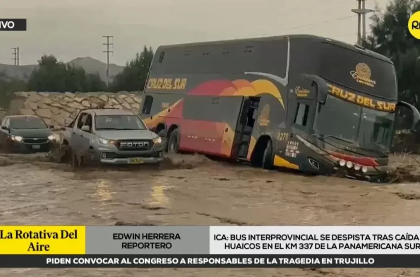  Bus interprovincial se despista en Ocucaje tras caída de huaicos en la Panamericana Sur